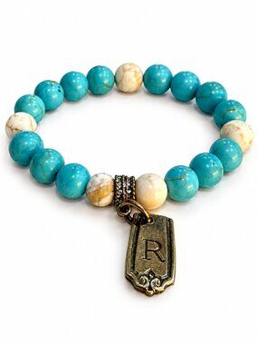 Stone Bead Stretch Bracelet “R” Initial Charm